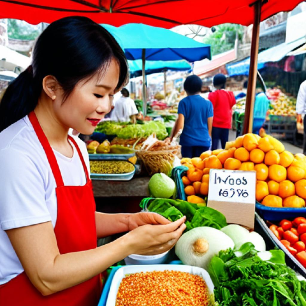 A Vietnamese nutrition coach helping a client create a personalized meal plan, focusing on fresh, local ingredients at a vibrant outdoor market.