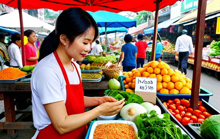 A Vietnamese nutrition coach helping a client create a personalized meal plan, focusing on fresh, local ingredients at a vibrant outdoor market.
